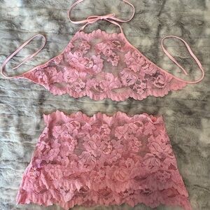 Pink Lace Halter Top and Skirt Set